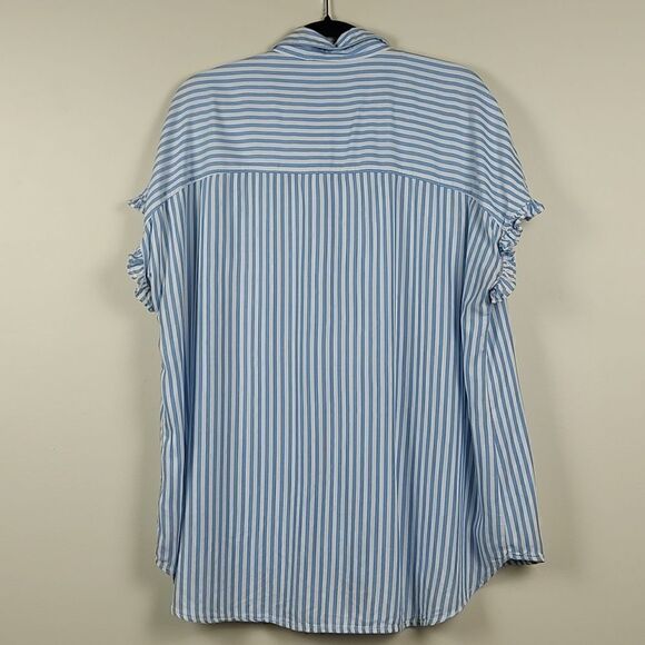 Beachlunchlounge Blue and White Striped Short Sleeve Button Front Blouse Size XL - Picture 9 of 11